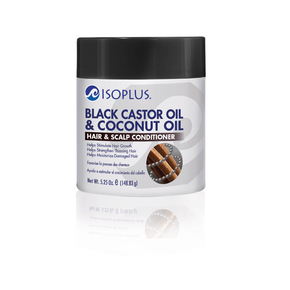 Isoplus Black Castor Oil and Coconut Oil Hair and Scalp Conditioner 5.25 oz jar on white background