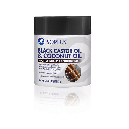 Isoplus Black Castor Oil and Coconut Oil Hair and Scalp Conditioner 5.25 oz jar on white background