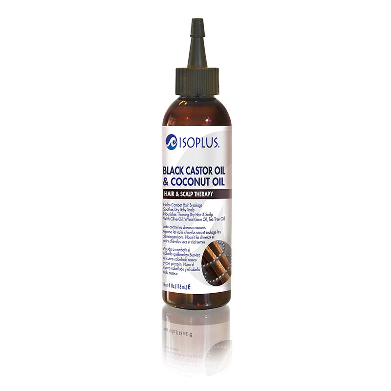 Isoplus Black Castor Oil and Coconut Oil Hair and Scalp Therapy 4 oz bottle on white background