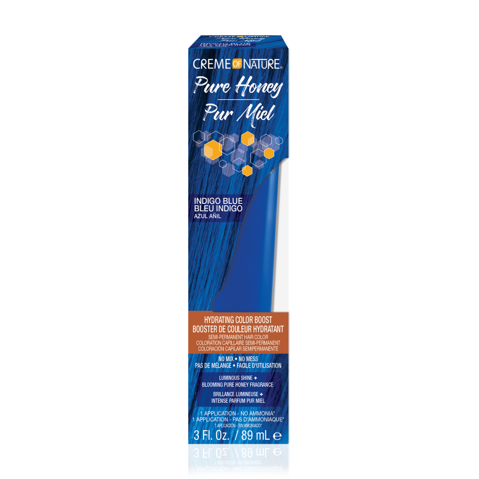 Crème of Nature Pure Honey Hydrating Color Boost Semi-Permanent Hair Color in Indigo Blue on white background