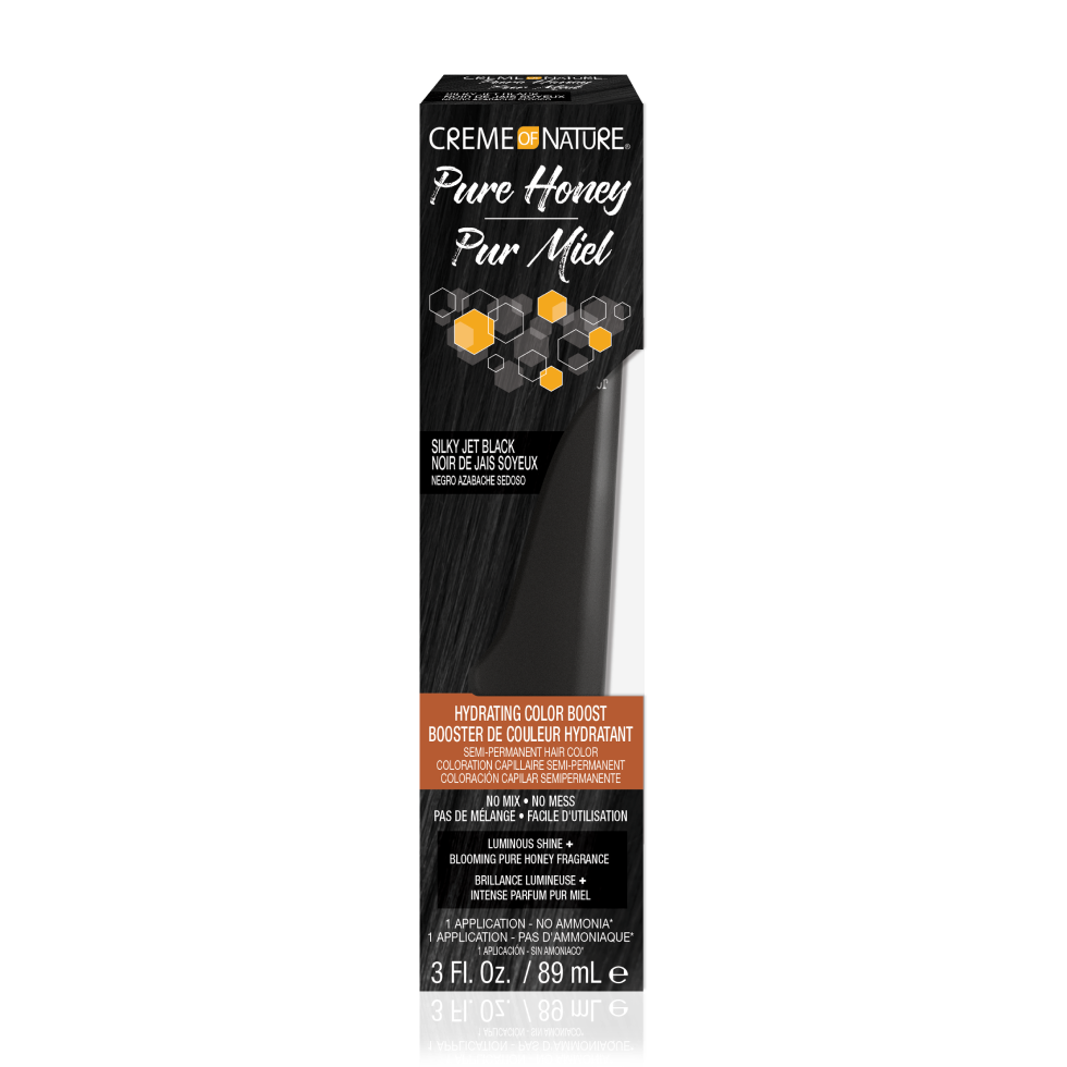 Crème of Nature Pure Honey Hydrating Color Boost Semi-Permanent Hair Color in Silky Jet Black on white background