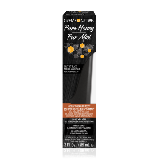Crème of Nature Pure Honey Hydrating Color Boost Semi-Permanent Hair Color in Silky Jet Black on white background