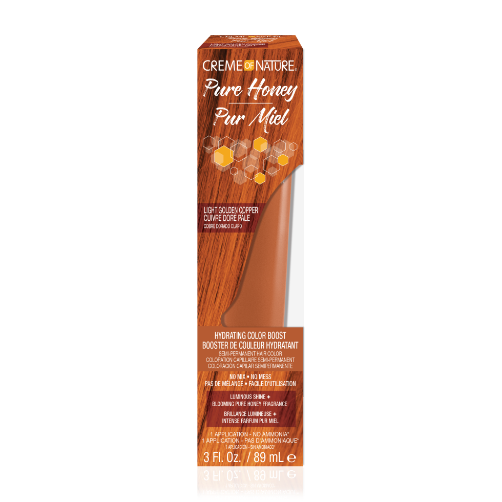 Crème of Nature Pure Honey Hydrating Color Boost Semi-Permanent Hair Color in Light Golden Copper on white background