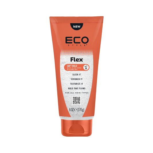 ECO Style Flex Soft Hold Styling Gel with Aloe 6 oz tube on white background