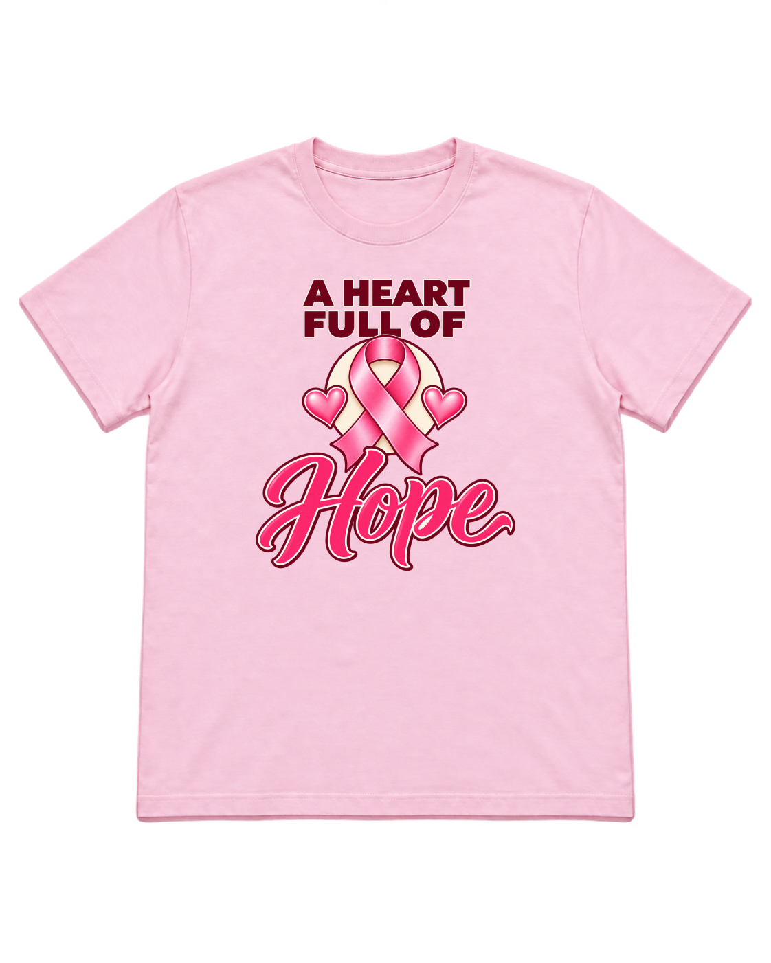 Digital mockup of A Heart Full Of Hope pink-ribbon design on a light-pink T-shirt