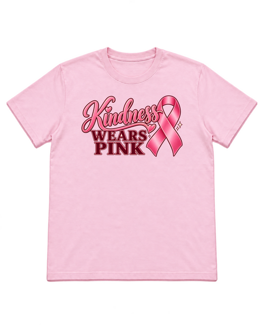 Digital mockup of Kindness Wears Pink on a Light Pink Gildan 5000 shirt