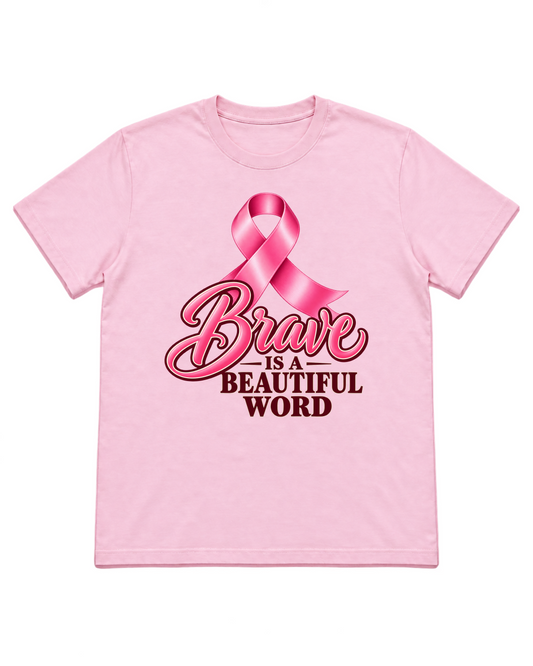 Digital mockup of Brave Is A Beautiful Word on a Light Pink Gildan 5000 shirt
