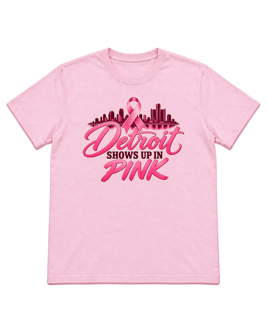 Digital mockup of Detroit Shows Up In Pink on a Light Pink Gildan 5000 shirt