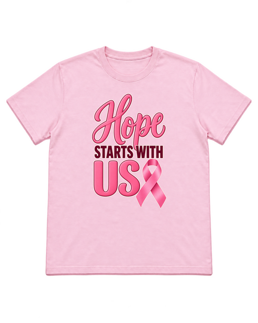 Digital mockup of Hope Starts With Us on a Light Pink finished awareness shirt
