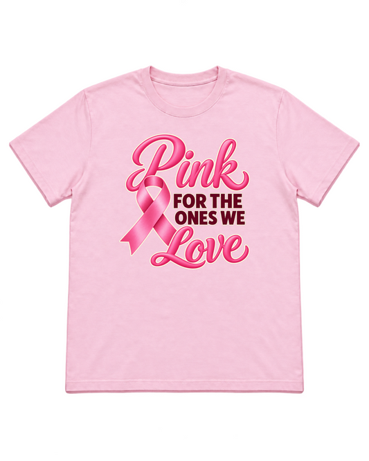 Digital mockup of Pink For The Ones We Love on a Light Pink finished graphic shirt