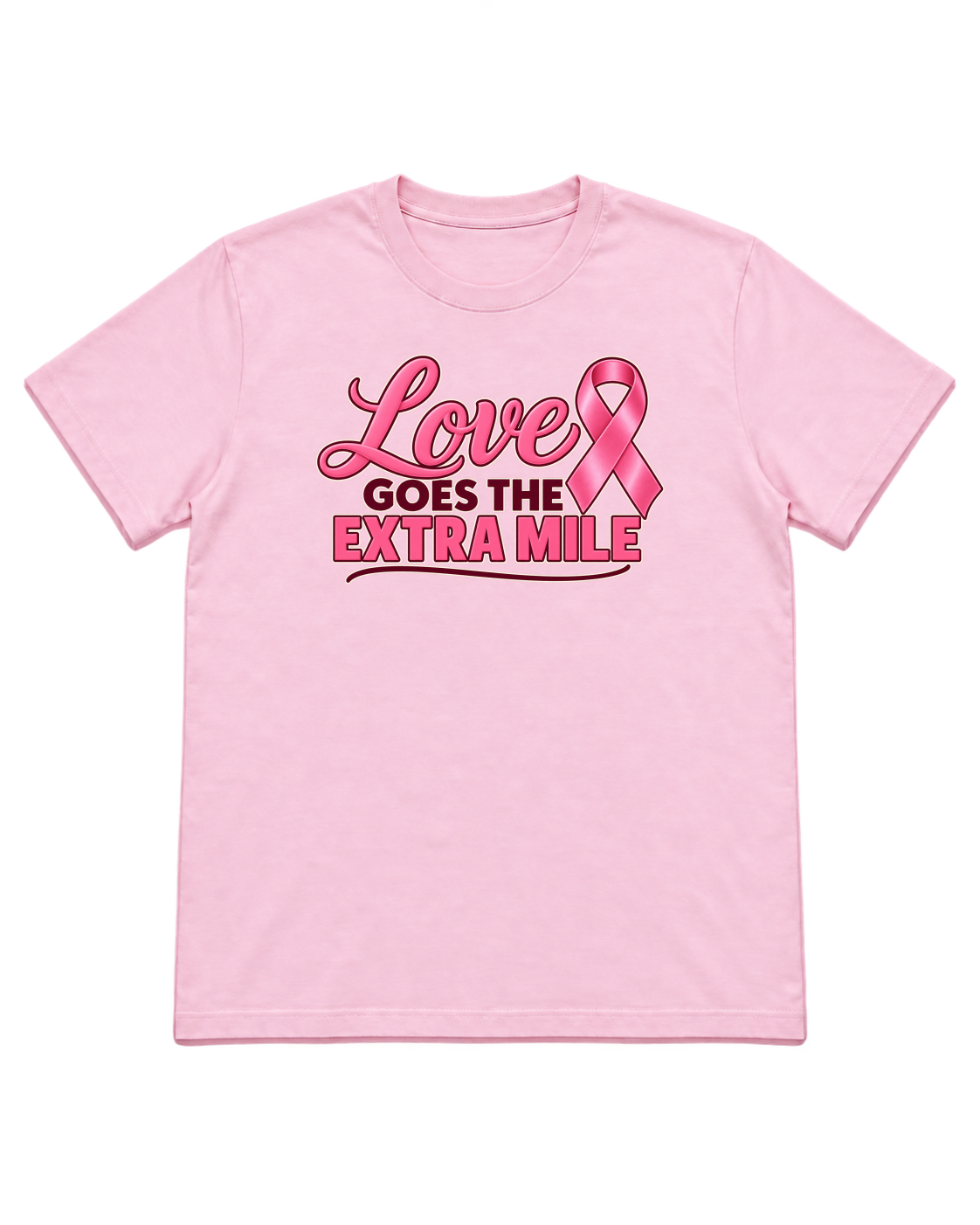 Digital mockup of Love Goes The Extra Mile on a Light Pink finished graphic shirt
