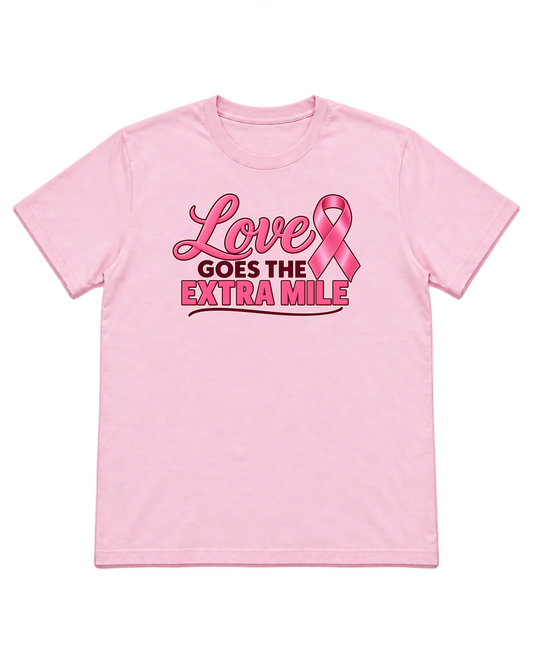 Digital mockup of Love Goes The Extra Mile on a Light Pink finished graphic shirt