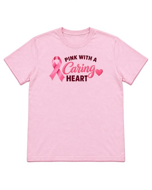 Digital mockup of Pink With A Caring Heart on a Light Pink finished graphic shirt