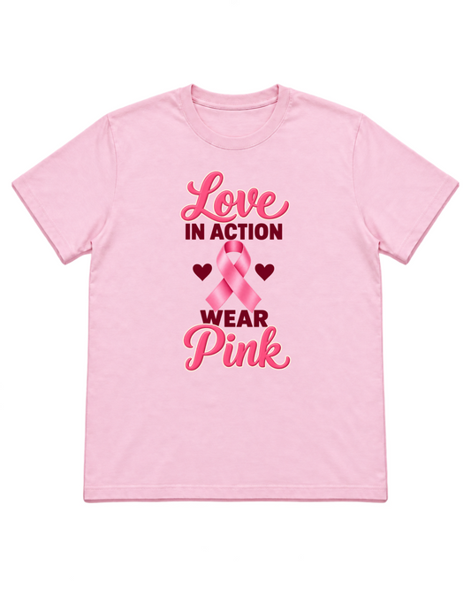 Digital mockup of Love In Action Wear Pink on a Light Pink finished graphic shirt