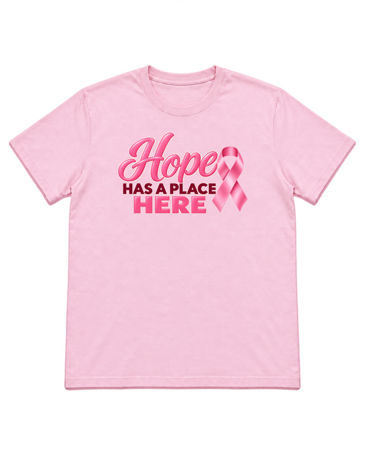 Digital mockup of Hope Has A Place Here on a Light Pink finished graphic shirt