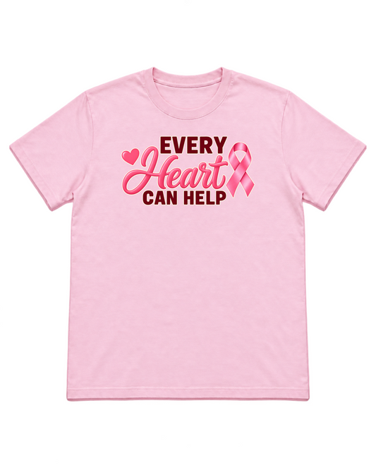 Digital mockup of Every Heart Can Help on a Light Pink finished graphic shirt