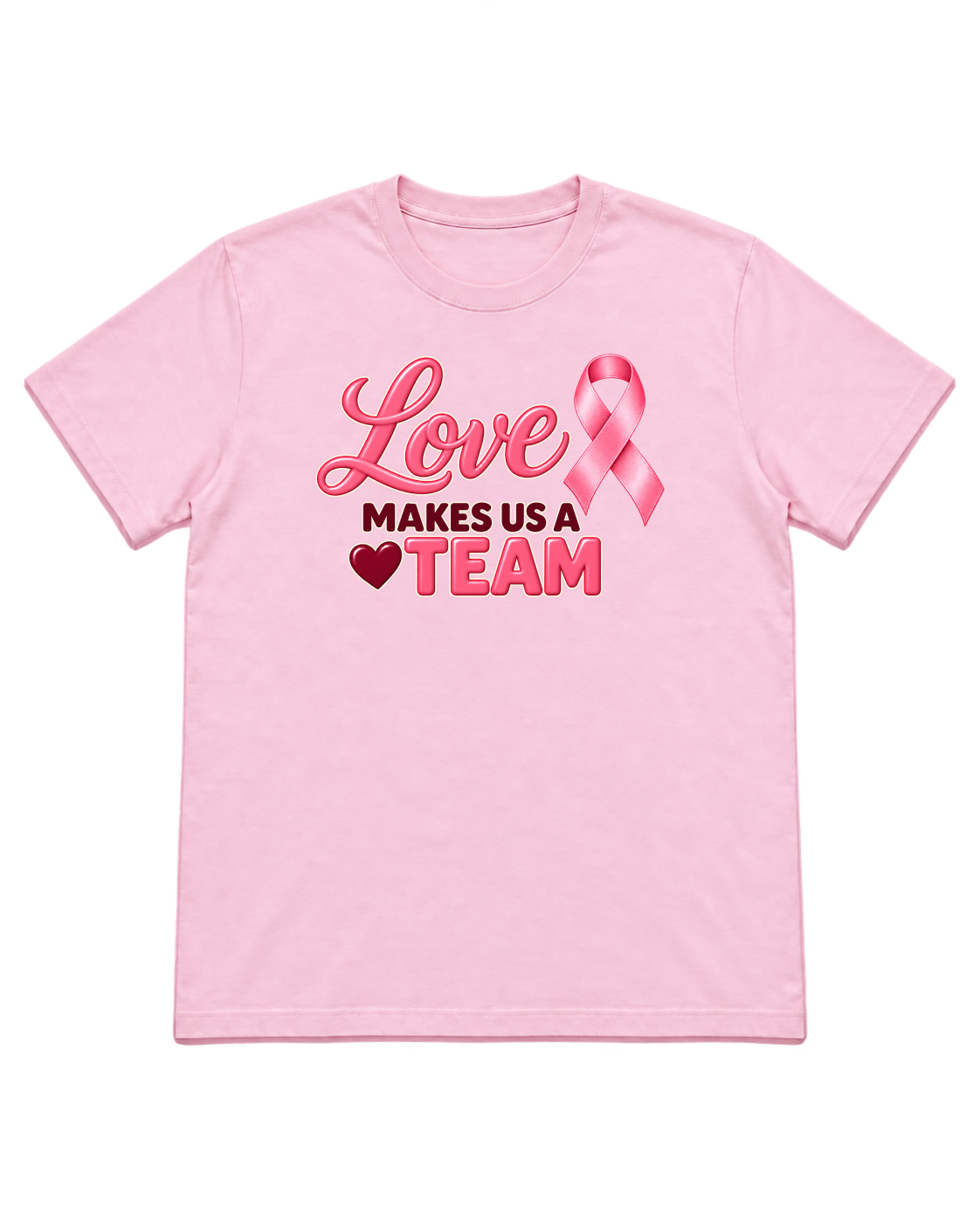 Digital mockup of Love Makes Us A Team on a Light Pink finished graphic shirt
