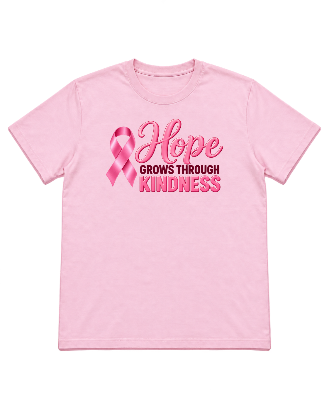 Digital mockup of Hope Grows Through Kindness on a Light Pink finished graphic shirt