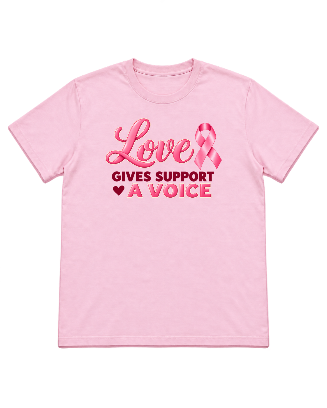 Digital mockup of Love Gives Support A Voice on a Light Pink finished graphic shirt