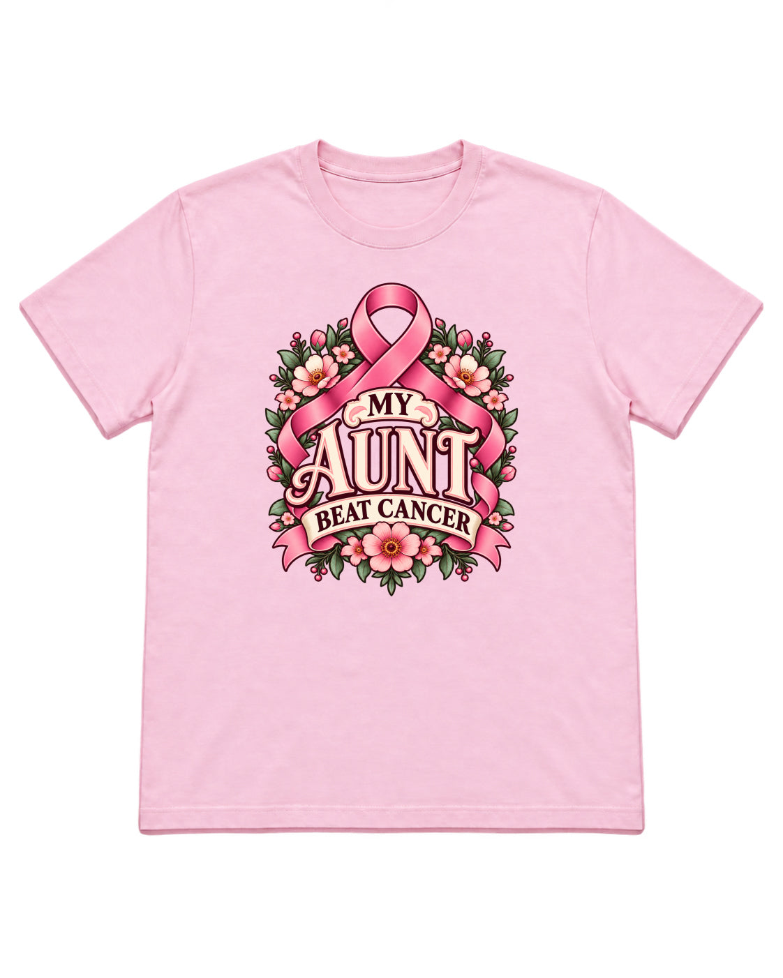 My Aunt Beat Cancer floral ribbon design on a Light Pink T-shirt — front mockup