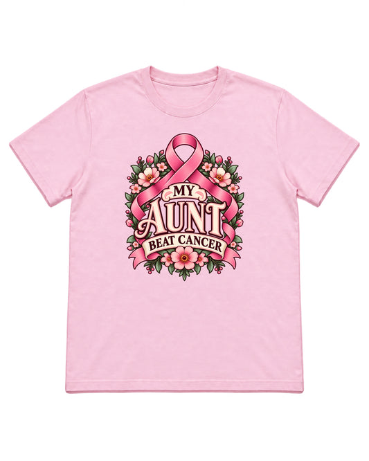 My Aunt Beat Cancer floral ribbon design on a Light Pink T-shirt — front mockup