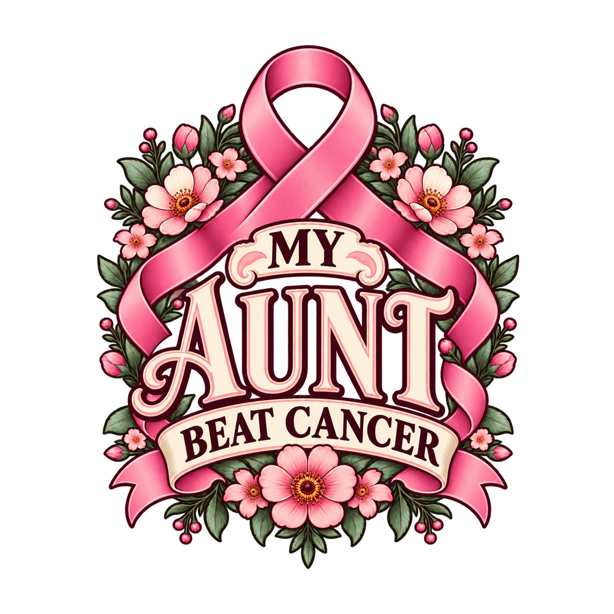 My Aunt Beat Cancer floral ribbon design — physical DTF transfer, shirt not included