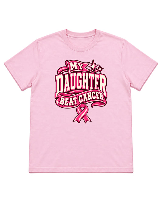 My Daughter Beat Cancer varsity ribbon design on a Light Pink T-shirt — front mockup