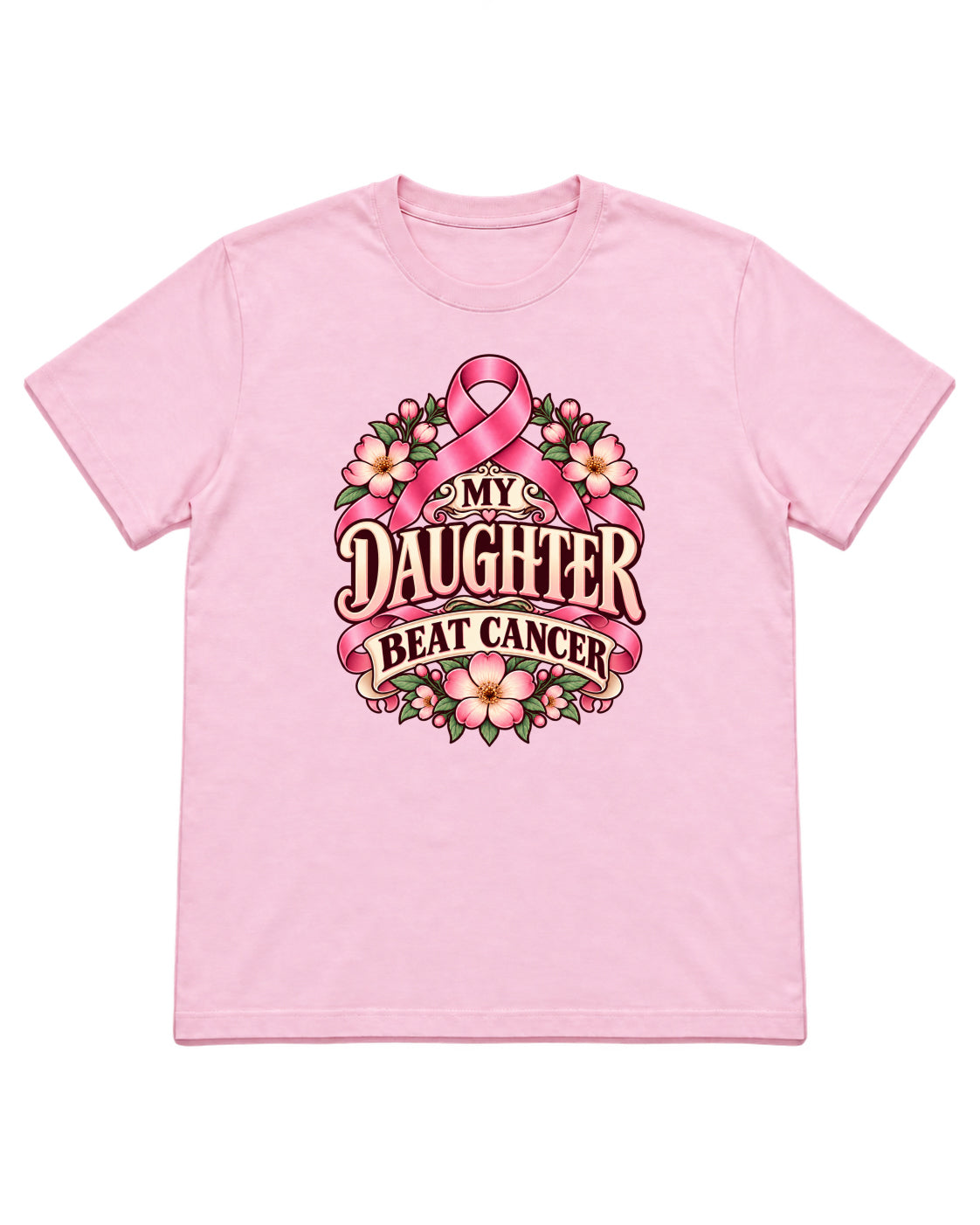 My Daughter Beat Cancer floral ribbon design on a Light Pink T-shirt — front mockup