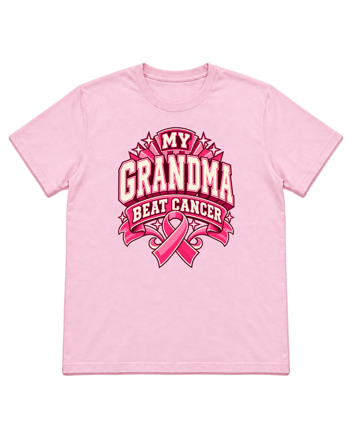 My Grandma Beat Cancer varsity ribbon design on a Light Pink T-shirt — front mockup