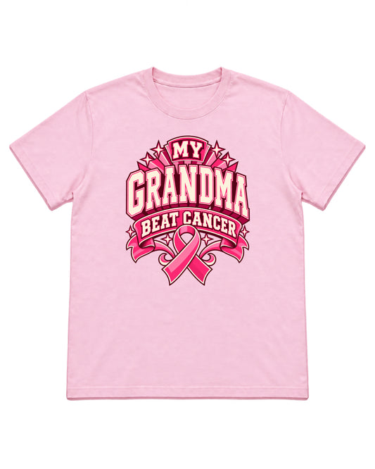 My Grandma Beat Cancer varsity ribbon design on a Light Pink T-shirt — front mockup