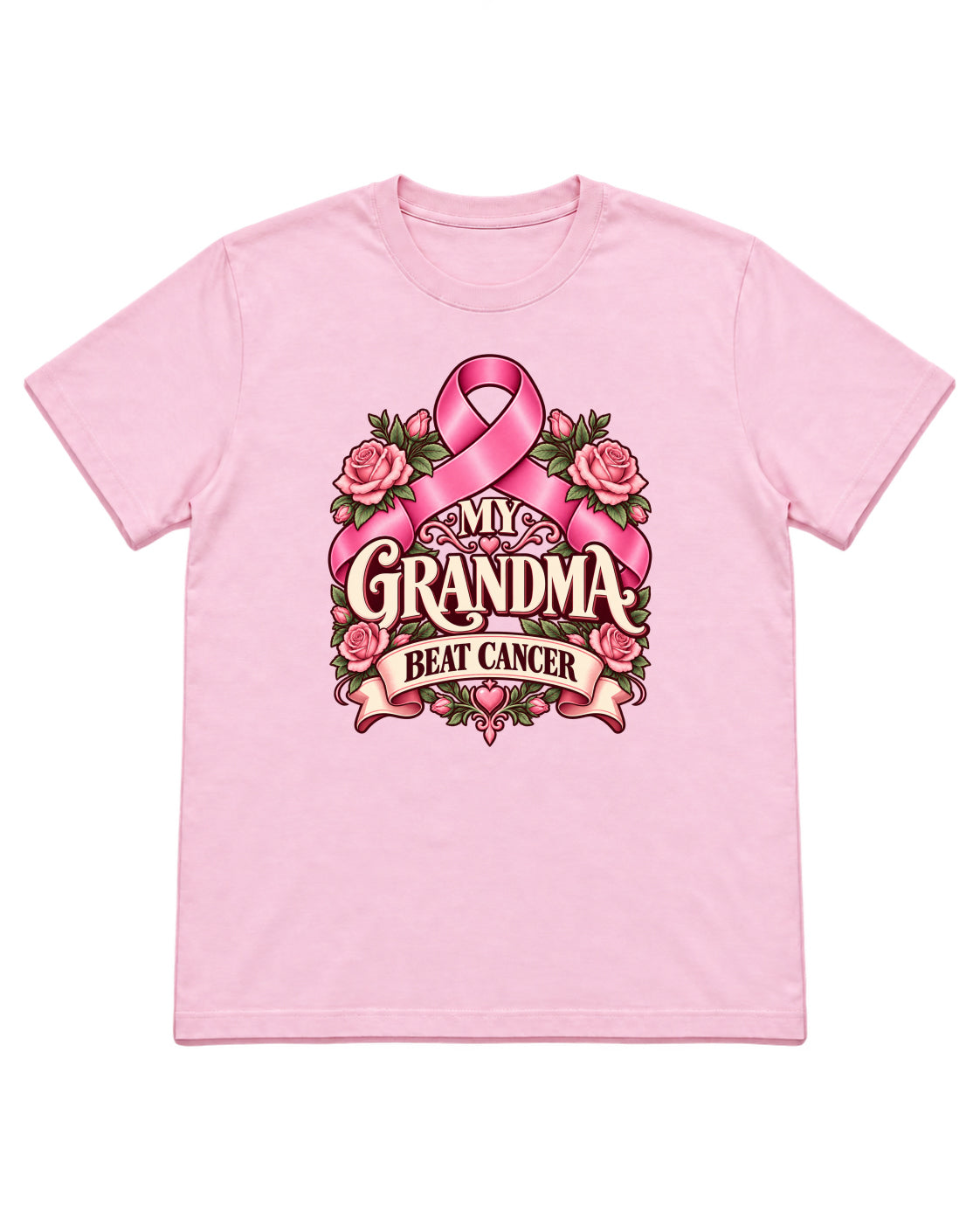 My Grandma Beat Cancer floral ribbon design on a Light Pink T-shirt — front mockup