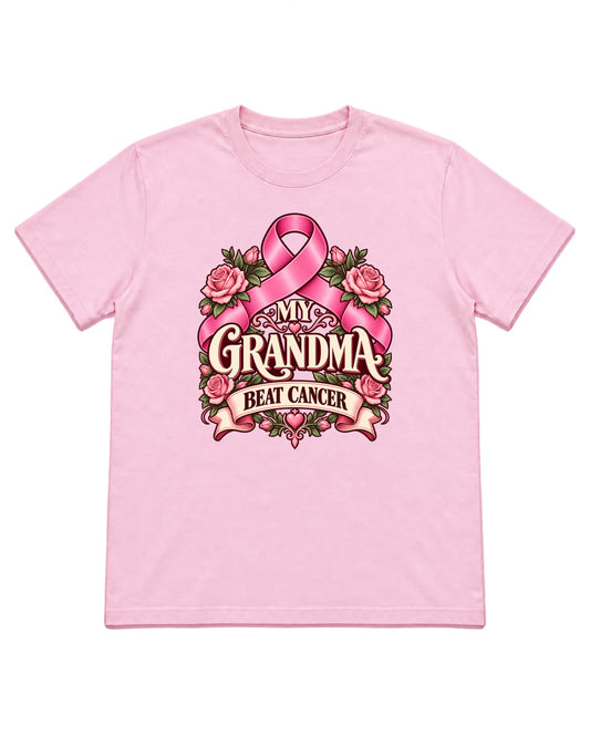 My Grandma Beat Cancer floral ribbon design on a Light Pink T-shirt — front mockup