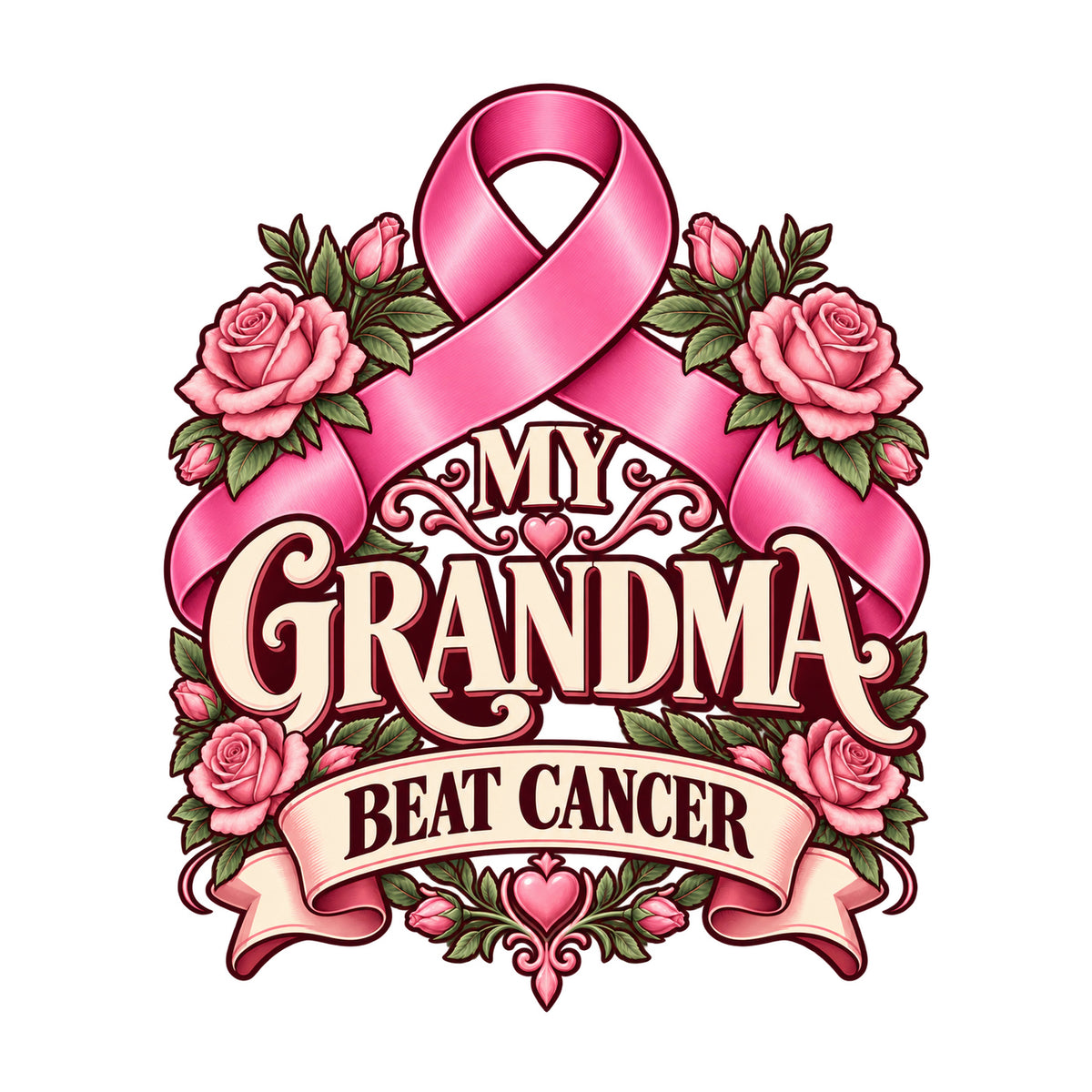 My Grandma Beat Cancer floral ribbon design — physical DTF transfer, shirt not included