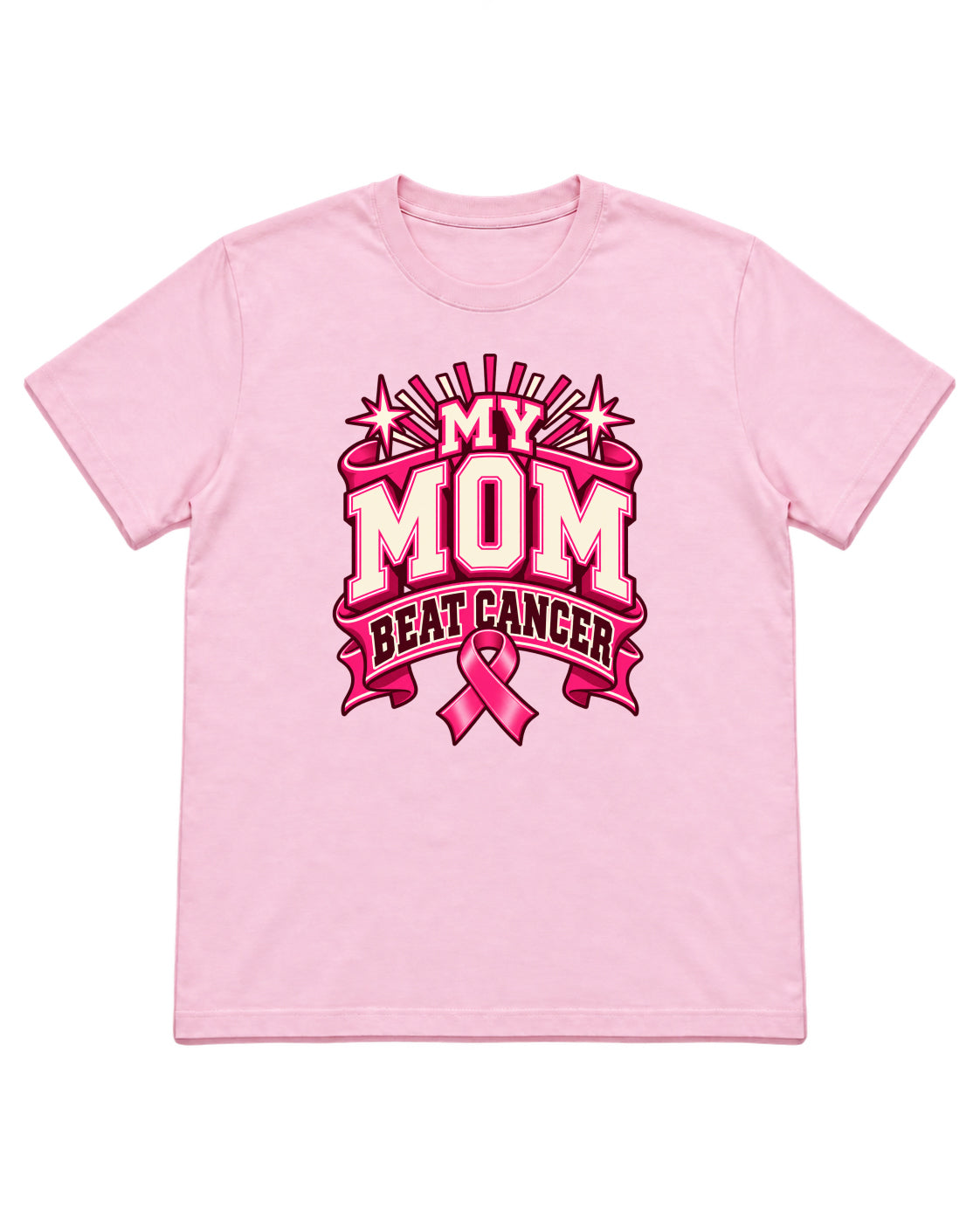 My Mom Beat Cancer varsity ribbon design on a Light Pink T-shirt — front mockup