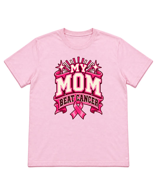 My Mom Beat Cancer varsity ribbon design on a Light Pink T-shirt — front mockup