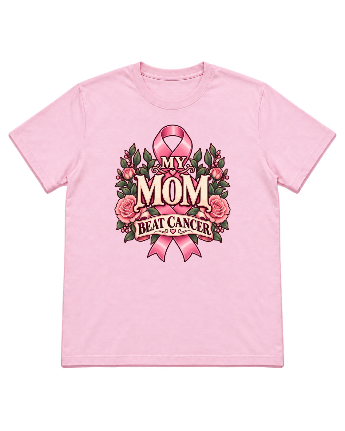 My Mom Beat Cancer floral ribbon design on a Light Pink T-shirt — front mockup