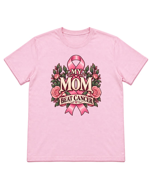My Mom Beat Cancer floral ribbon design on a Light Pink T-shirt — front mockup