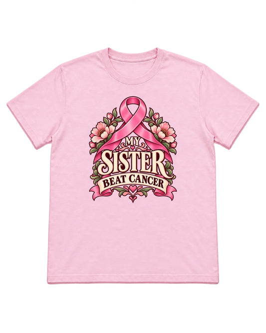 My Sister Beat Cancer floral ribbon design on a Light Pink T-shirt — front mockup