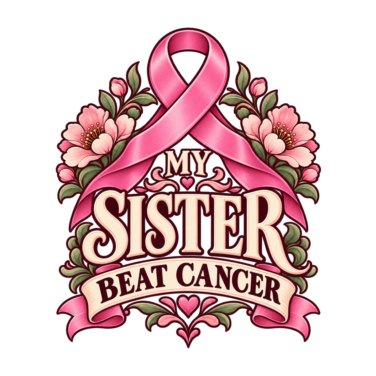 My Sister Beat Cancer floral ribbon design — physical DTF transfer, shirt not included