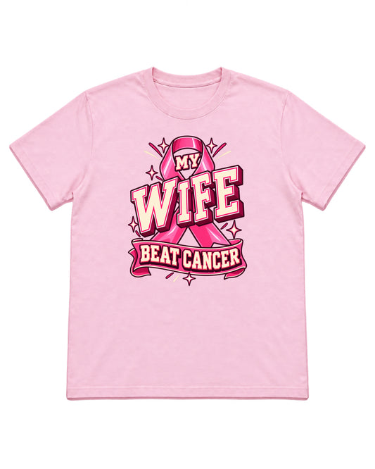 My Wife Beat Cancer varsity ribbon design on a Light Pink T-shirt — front mockup