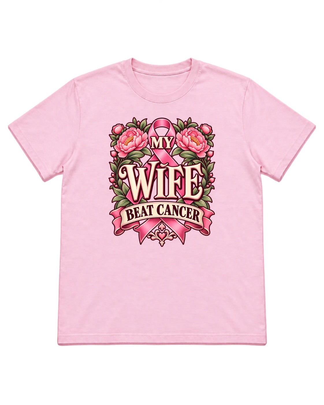 My Wife Beat Cancer floral ribbon design on a Light Pink T-shirt — front mockup