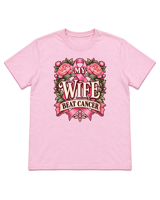 My Wife Beat Cancer floral ribbon design on a Light Pink T-shirt — front mockup