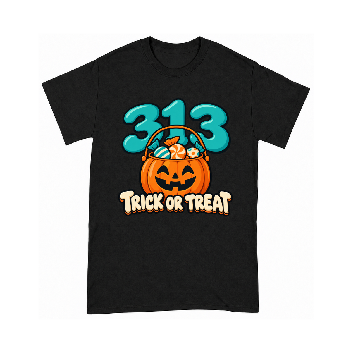 Digital mockup of 313 Trick Or Treat on a Black finished graphic shirt
