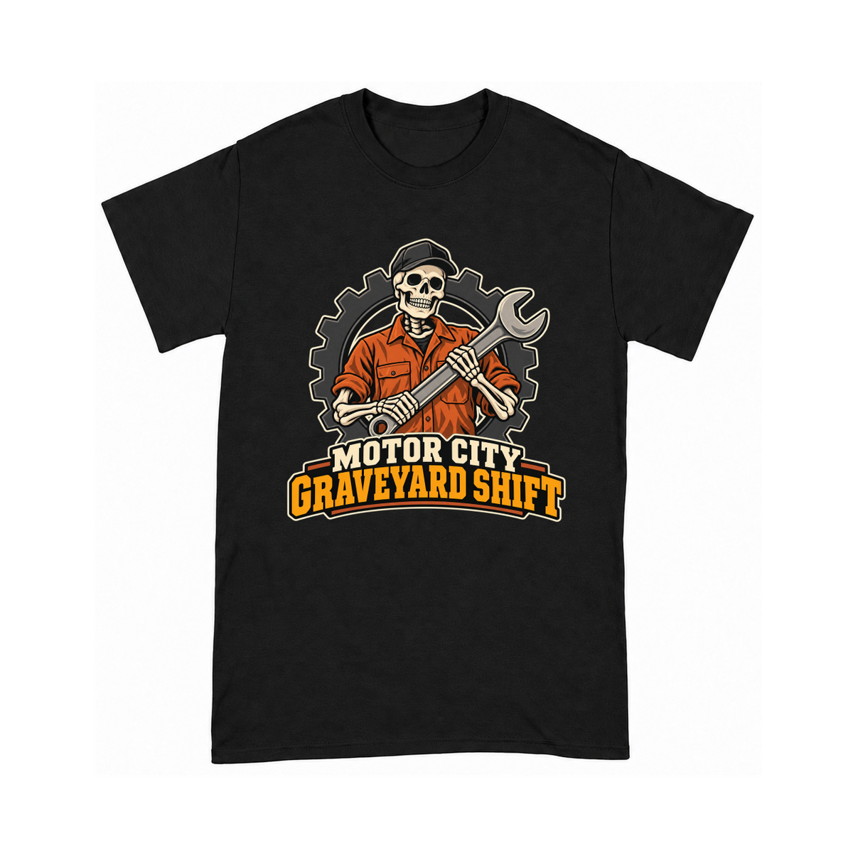 Digital mockup of Motor City Graveyard Shift on a Black finished graphic shirt