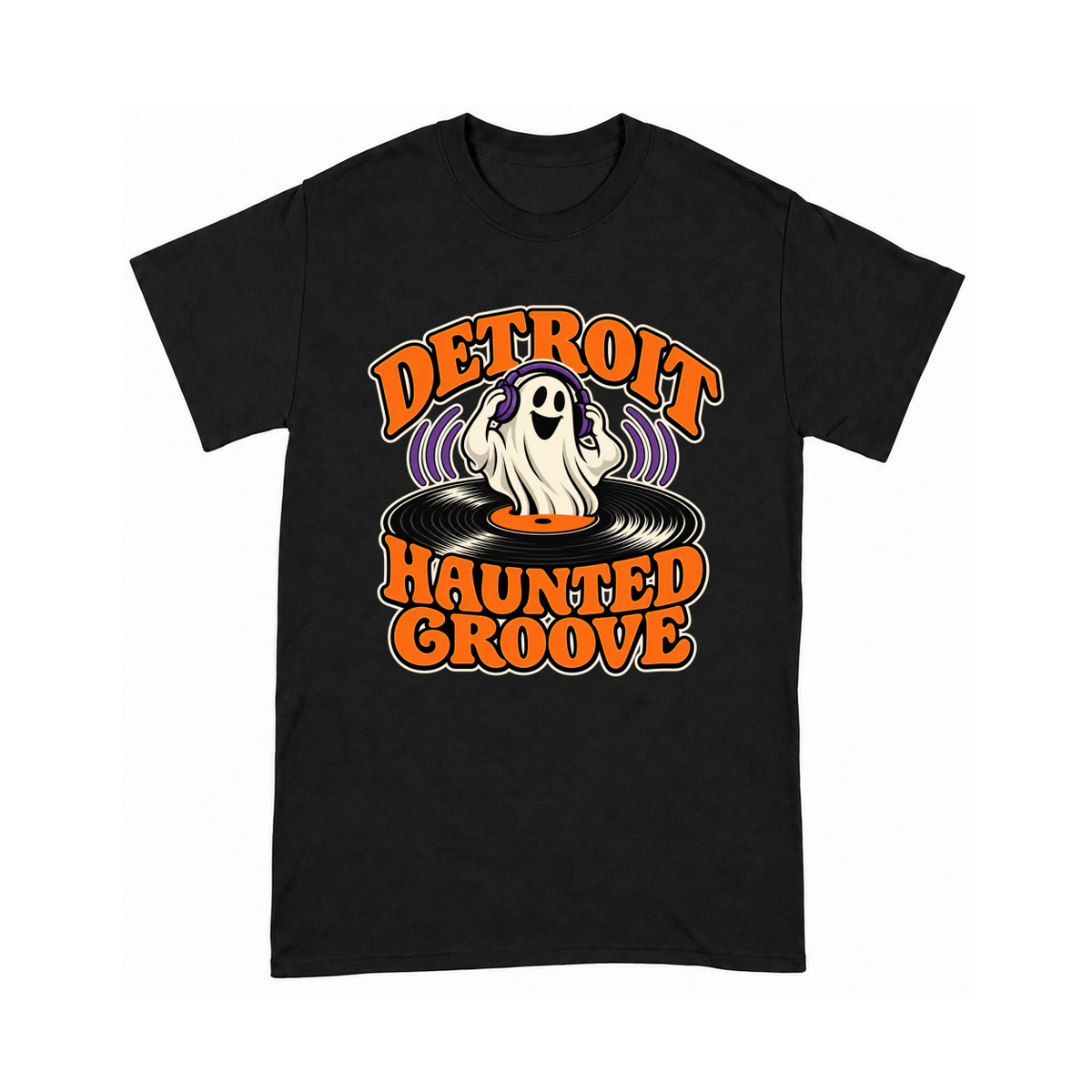 Digital mockup of Detroit Haunted Groove on a Black finished graphic shirt