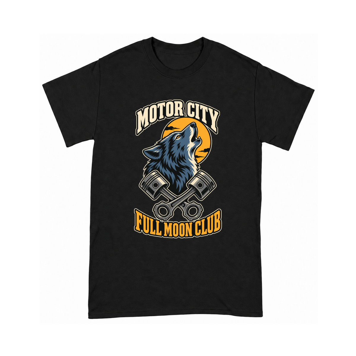 Digital mockup of Motor City Full Moon Club on a Black finished graphic shirt