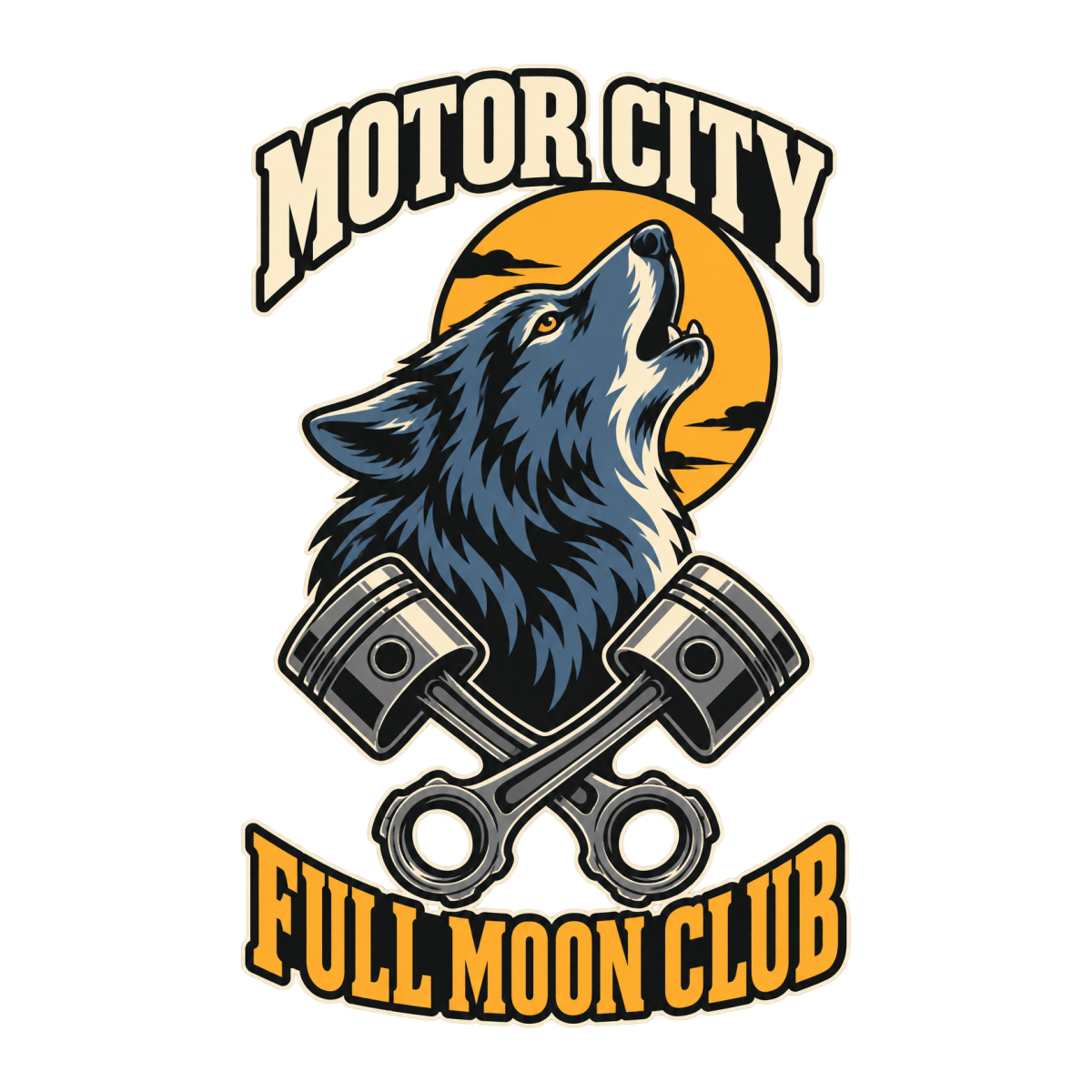 Motor City Full Moon Club physical DTF transfer artwork preview; shirt not included