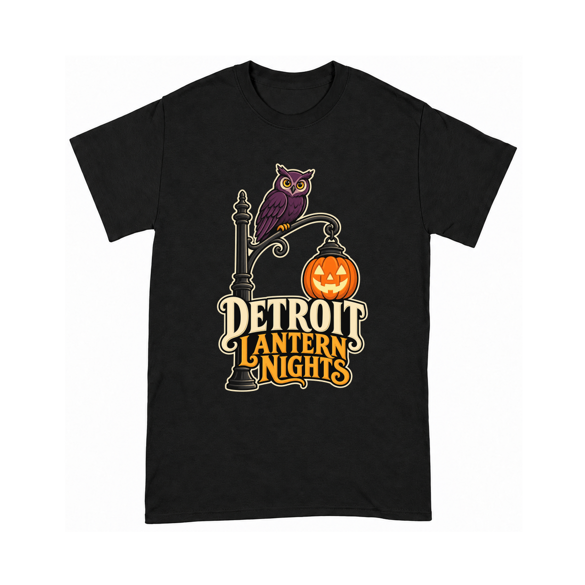 Digital mockup of Detroit Lantern Nights on a Black finished graphic shirt