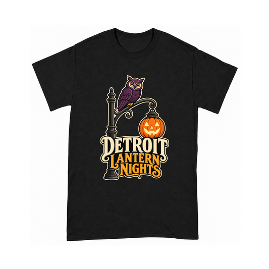 Digital mockup of Detroit Lantern Nights on a Black finished graphic shirt