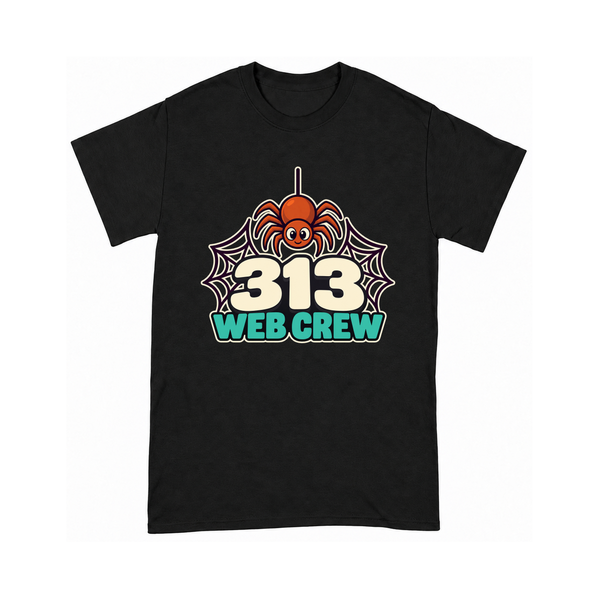 Digital mockup of 313 Web Crew on a Black finished graphic shirt